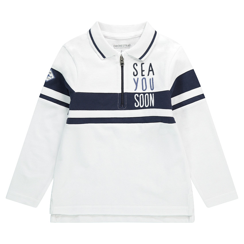 Polo manches longues en coton piqué avec broderies et col zippé 