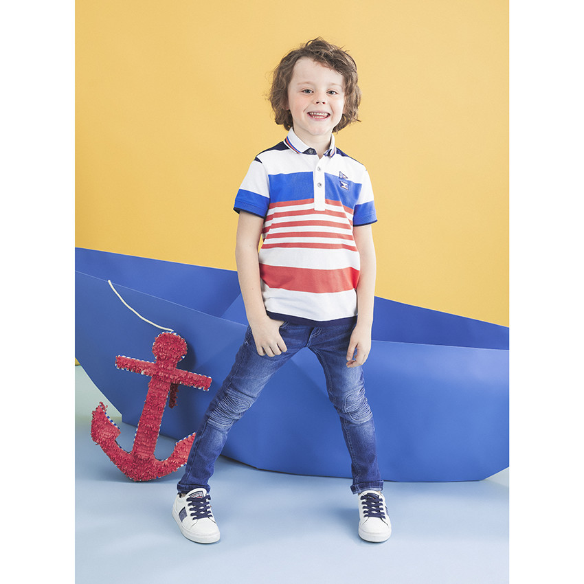 Polo manches courtes à rayures contrastées et broderies 