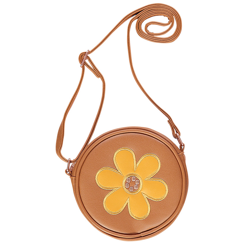 Sac bandoulière rond effet cuir à fleur brodée 