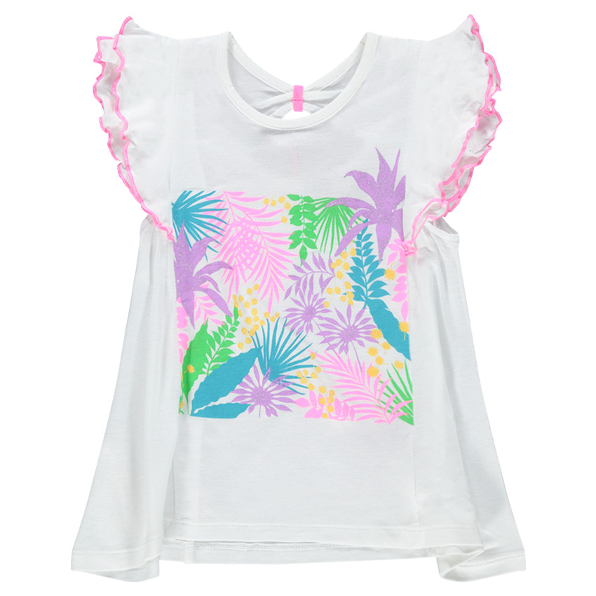 Tee-shirt manches courtes volantées avec imprimé floral pailleté 