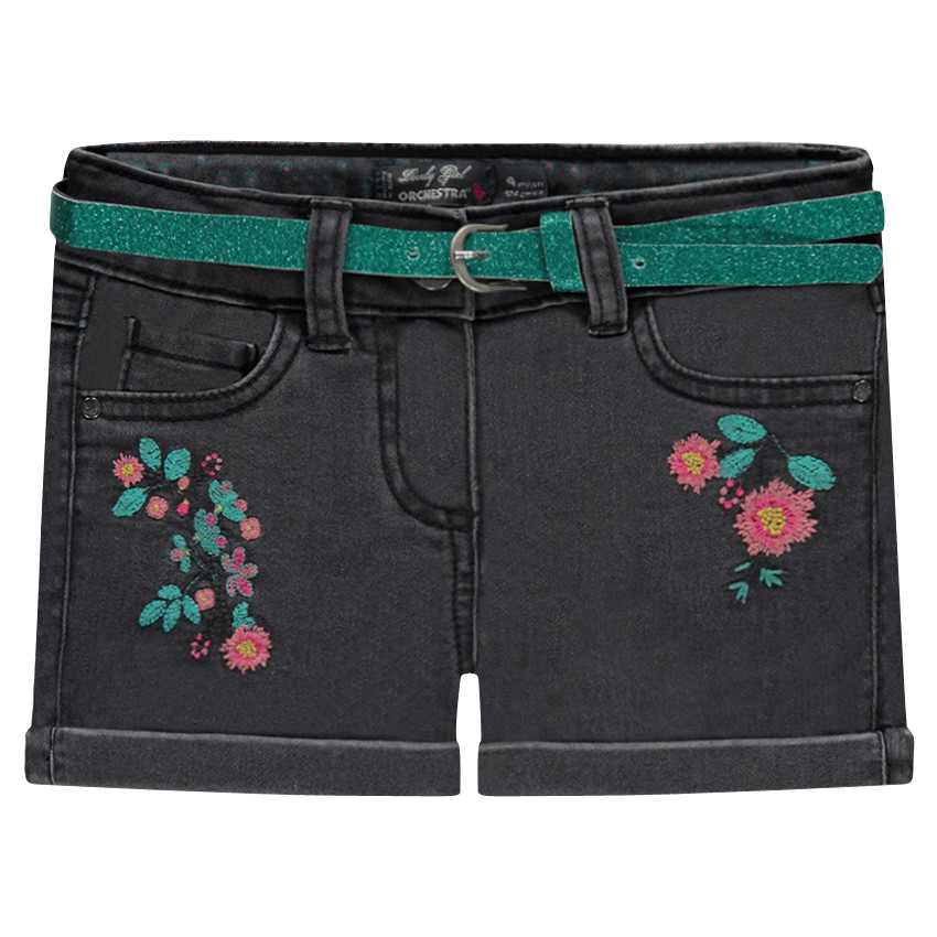 Short en jeans brodé avec ceinture pailletée 