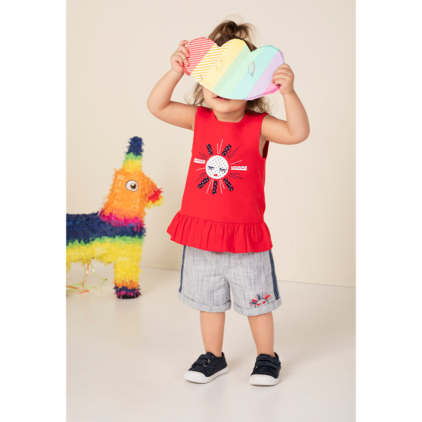 Tee-shirt manches courtes volanté en jersey avec soleil brodé  