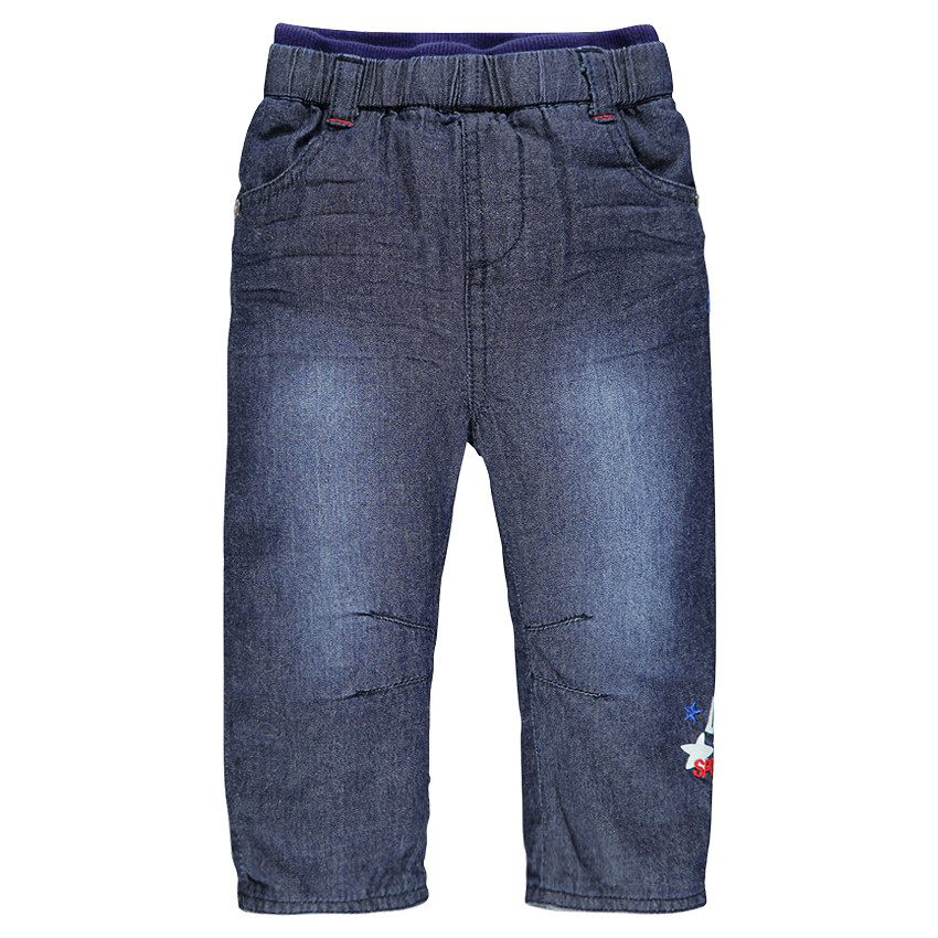 Jeans effet used doublé jersey avec print fantaisie 