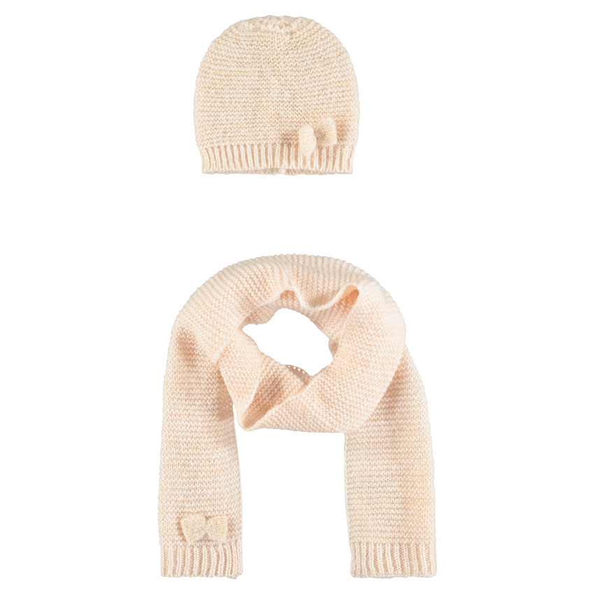 Ensemble bonnet et écharpe avec noeuds fantaisie 