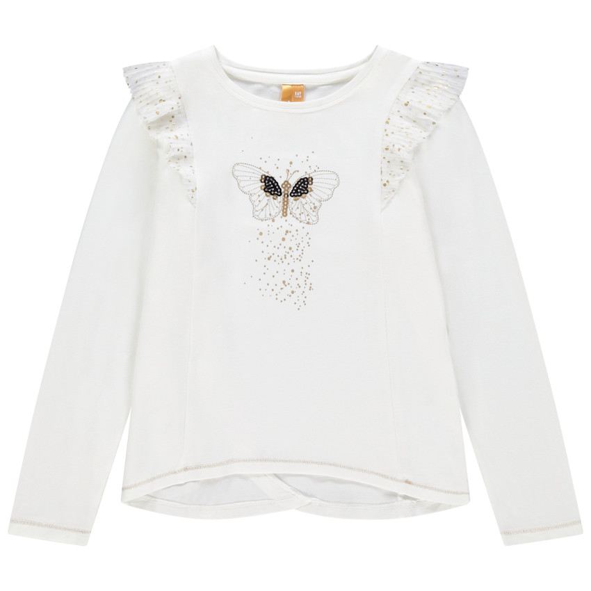 T-shirt manches longues uni print papillon et pans croisés au dos 