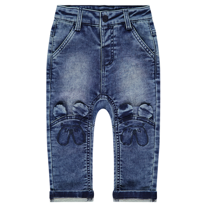 Jeans effet used et crinkle avec oreilles en relief  