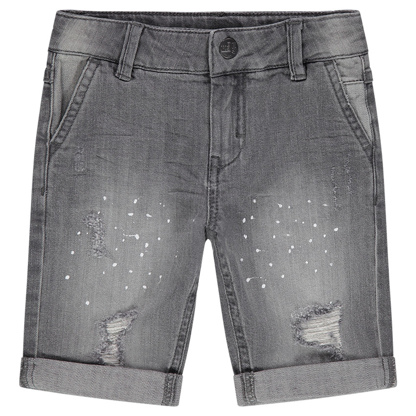 Junior - Bermuda en jeans effet used avec effet de taches de peinture et usures 