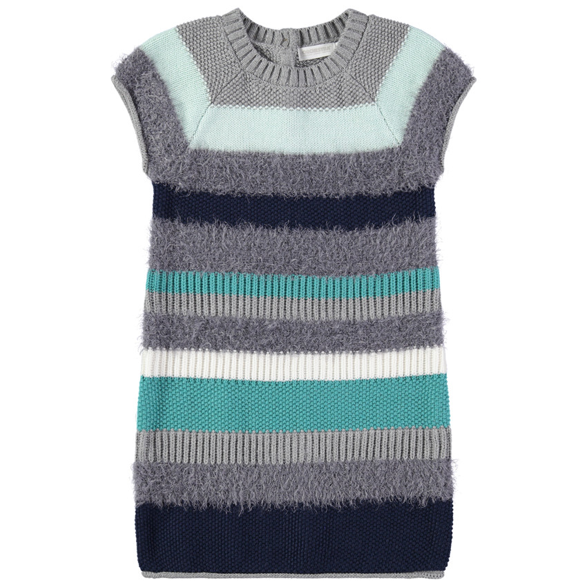 Robe manches courtes à rayures bleues et grises en tricot fantaisie 
