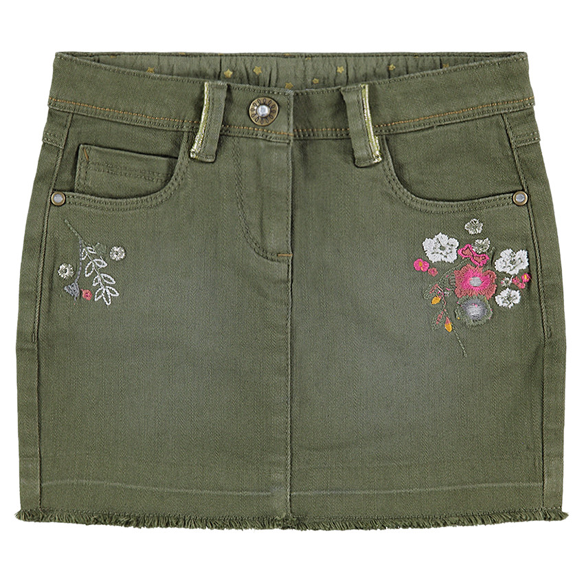 Jupe en twill effet used avec fleurs brodées et passepoils dorés 
