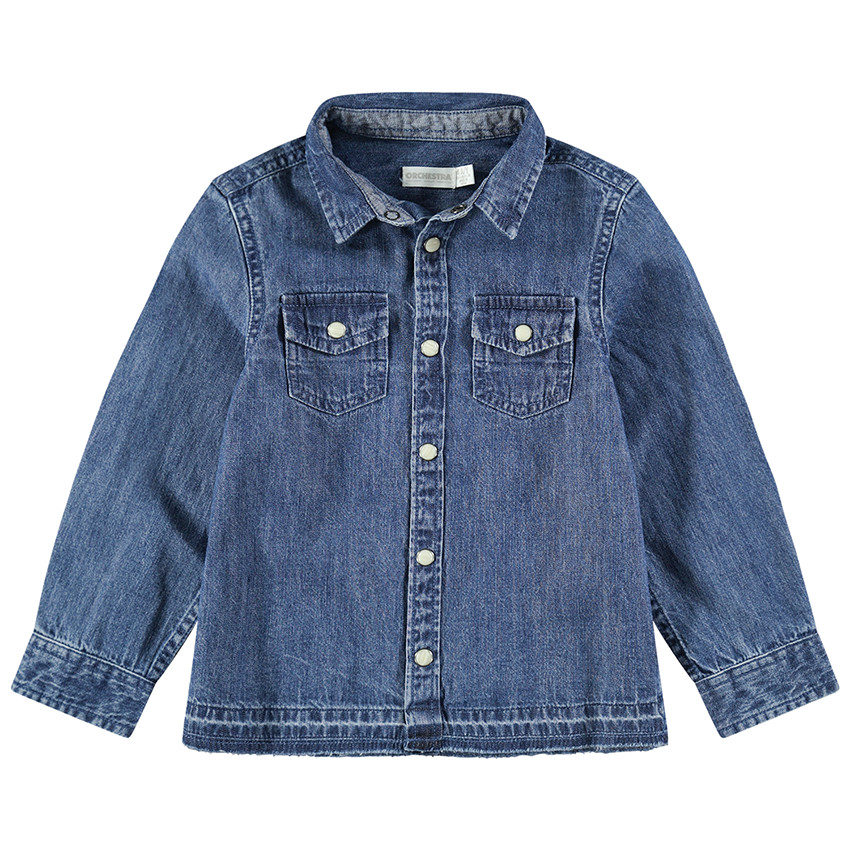 Chemise manches longues en jean used à poches pressionnées 