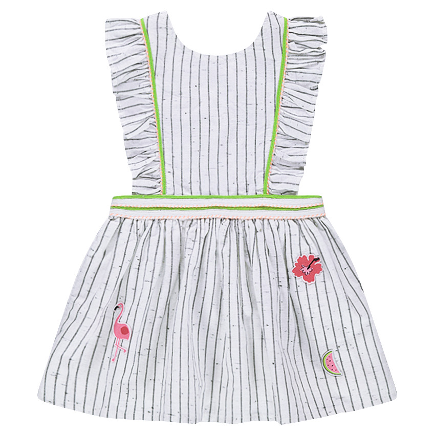 Robe rayée en coton neps  avec badges et bretelles croisées 