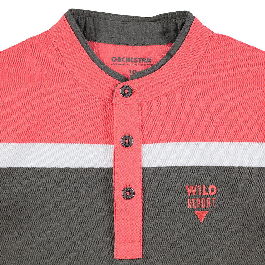 Junior - Polo manches courtes avec col mao et larges bandes contrastées 