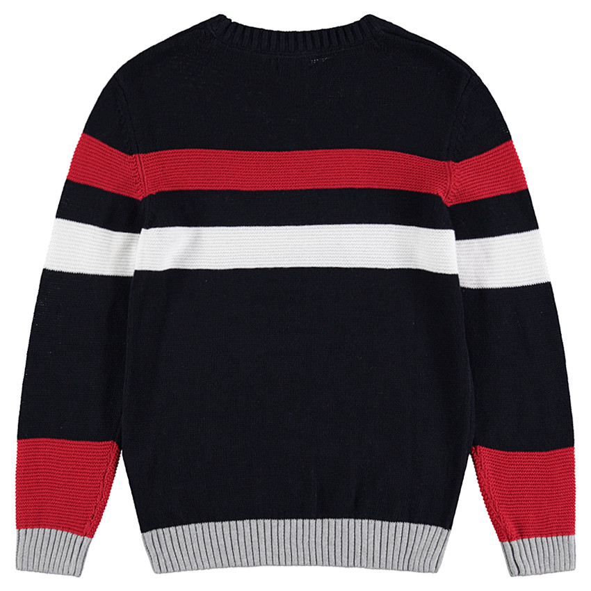 Junior - Pull en tricot avec bandes et inscription en jacquard 