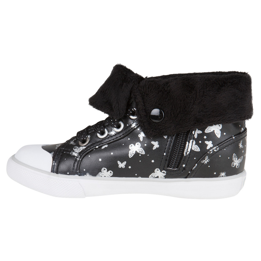 Baskets montantes noires imprimées papillons avec revers en sherpa 