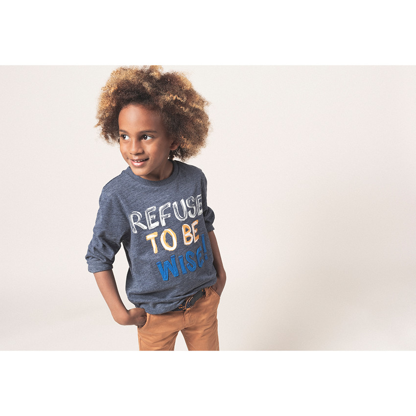 T-shirt manches longues en jersey chiné avec message printé et brodé 