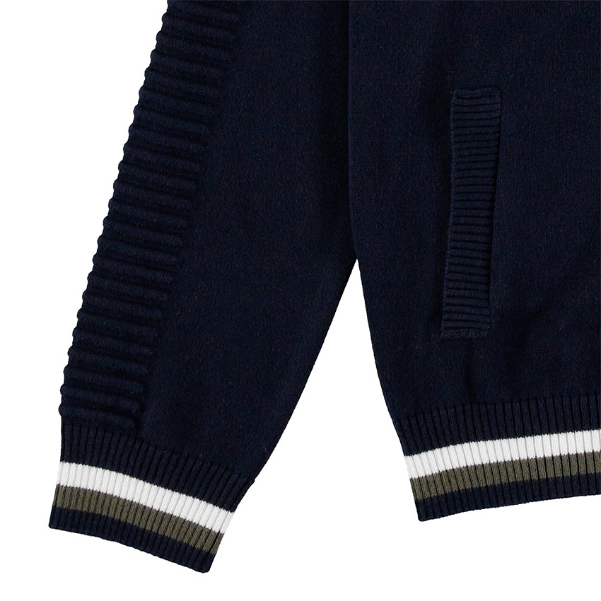 Junior - Gilet à capuche en tricot avec bandes et inscriptions en jacquard 