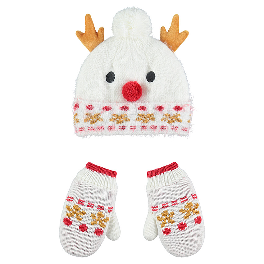 Ensemble bonnet et gants en tricot doublés sherpa bonhomme de neige 