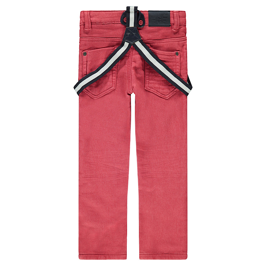 Pantalon en toile rouge effet used avec bretelles amovibles élastiquées 