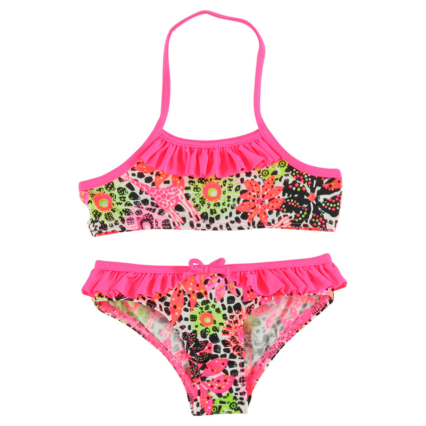 Maillot de bain 2 pièces à volants et imprimé fantaisie  