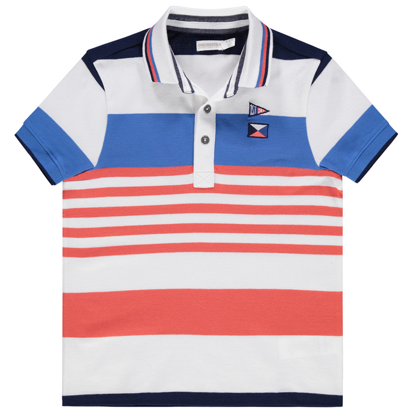 Polo manches courtes à rayures contrastées et broderies 