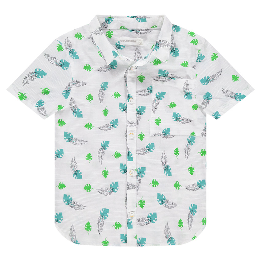 Chemise manches courtes en coton fantaisie avec feuilles imprimées 