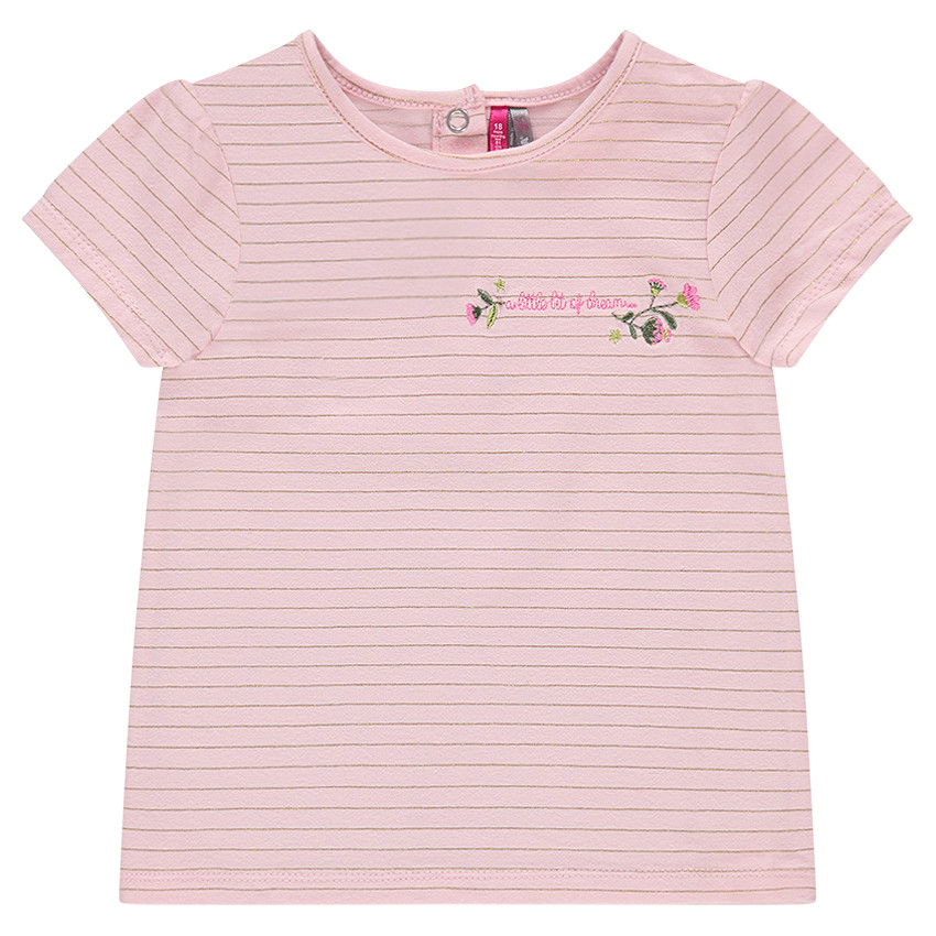 Tee-shirt manches courtes à fines rayures dorées et broderie 