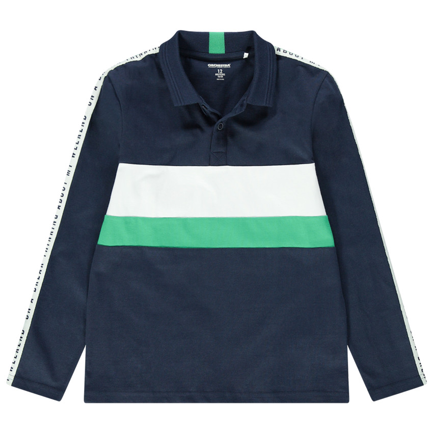 Junior - Polo manches longues en jersey avec bandes contrastées et inscriptions 