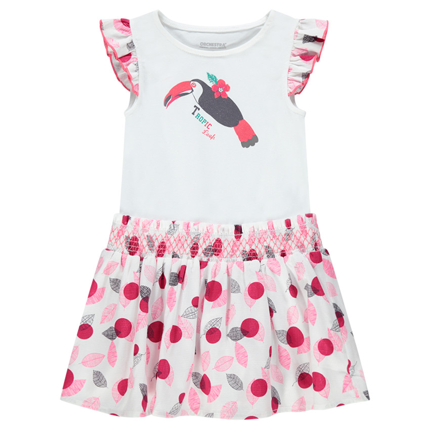 Robe à manches courtes volantées avec imprimé fantaisie et toucan printé 