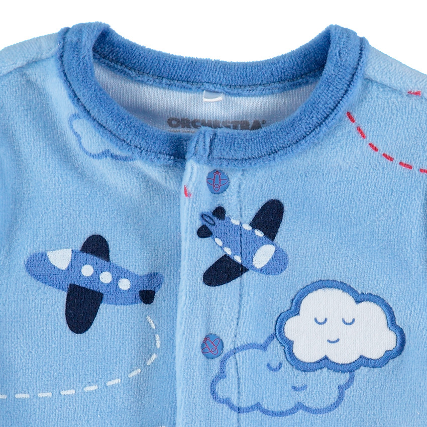 Dors-bien en velours avec avions brodés et printés all-over 