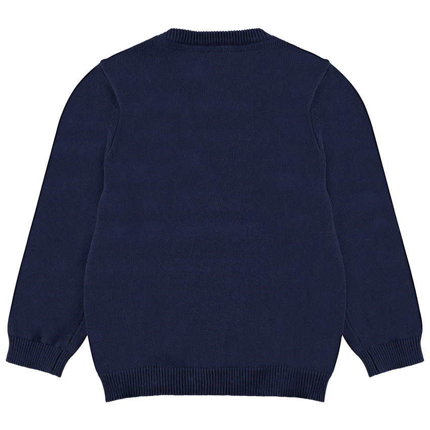 Pull en tricot avec motif fantaisie sur le devant et ouverture épaule 
