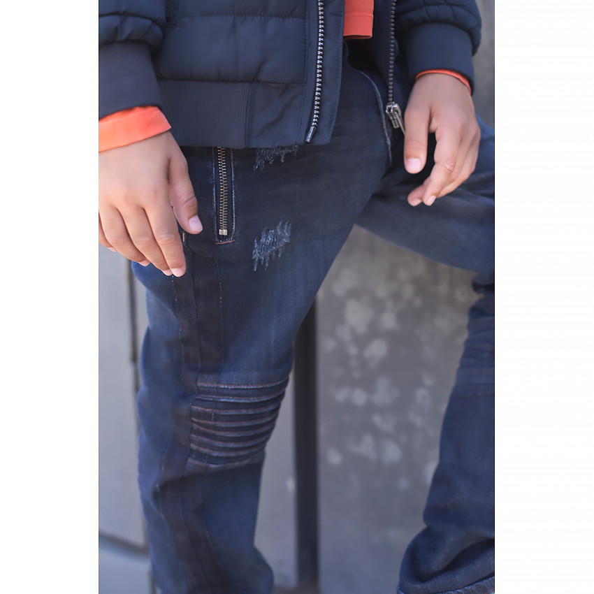 Junior - Jeans effet used et crinkle avec poche zippée et surpiqûres 