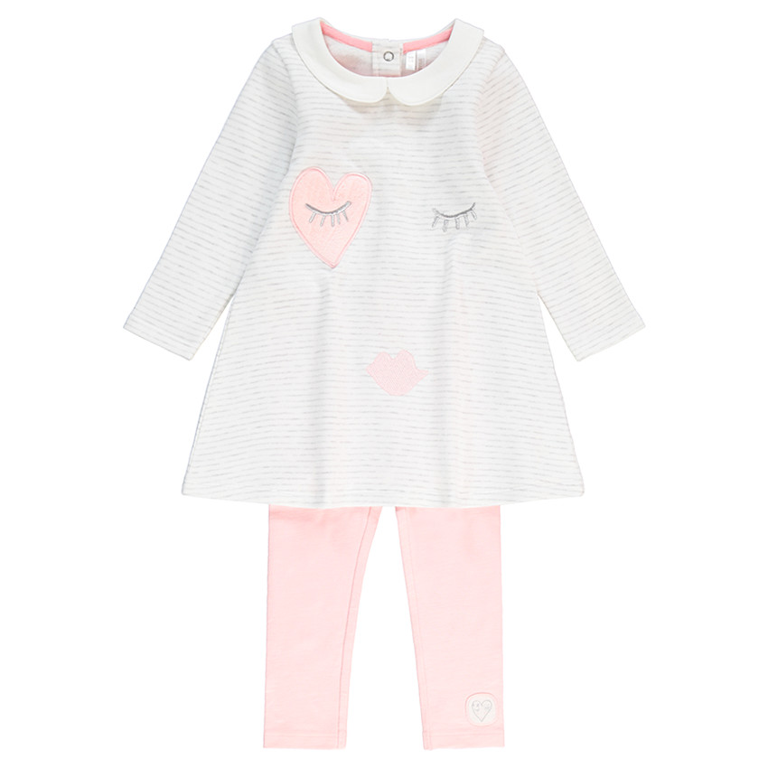 Ensemble robe manches longues rayé avec legging en jersey et badge coeur 
