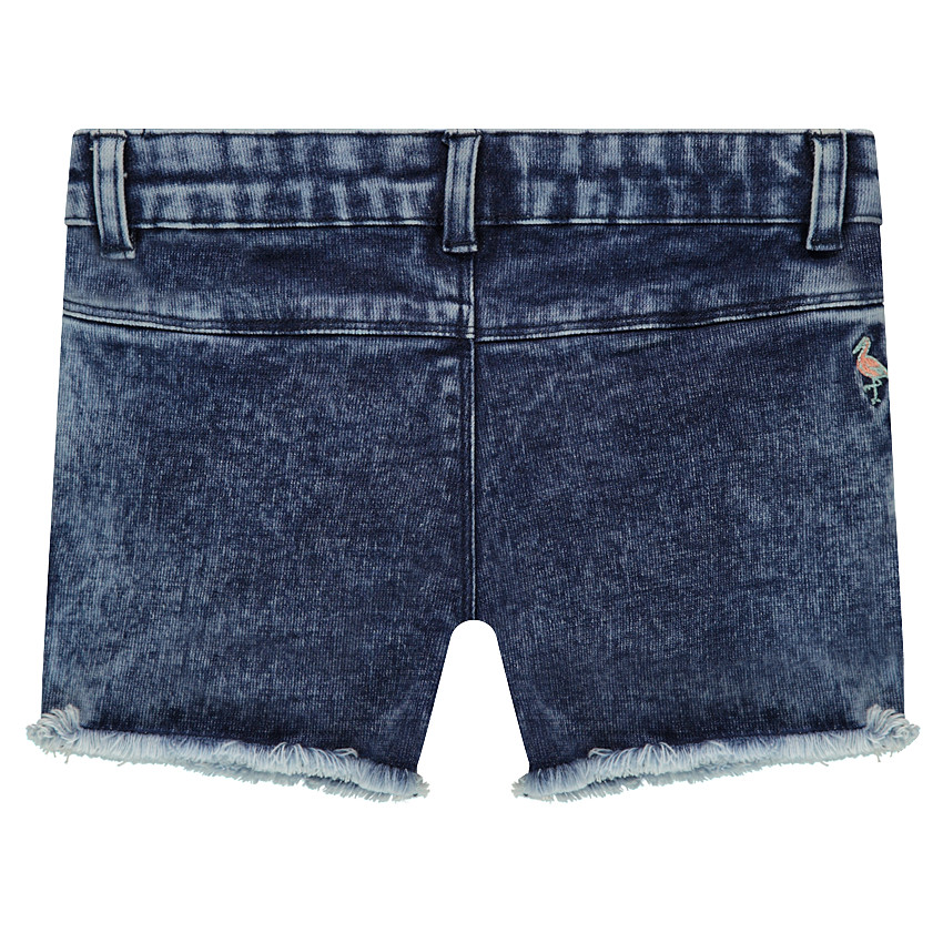 Short en jeans effet used avec flamants roses brodés 