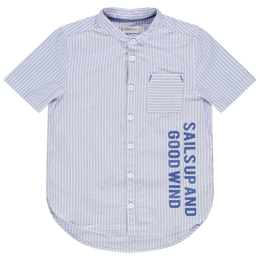 Chemise manches courtes à fines rayures et col mao 