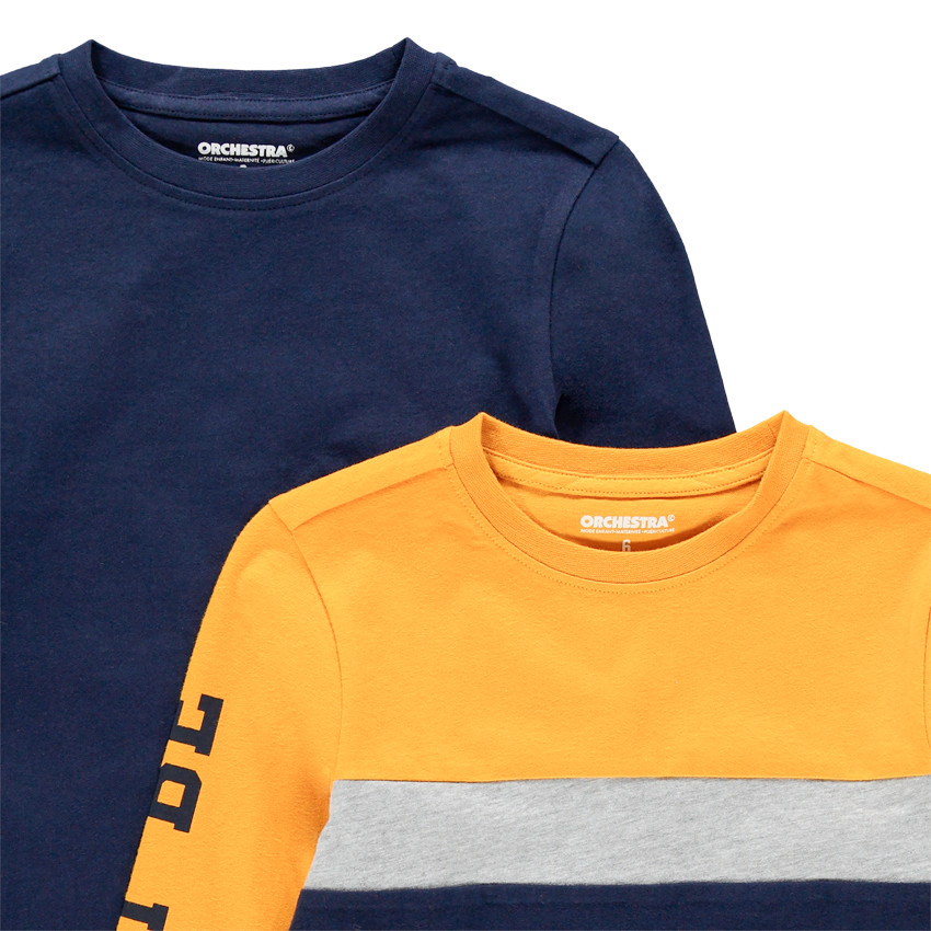 Lot de 2 t-shirts manches longues uni / tricolore à inscriptions printées 