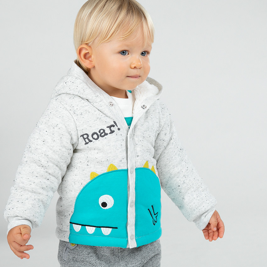 Veste à capuche en molleton neps avec doublure en sherpa et dino brodé 