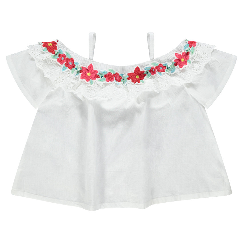 Top volanté à épaules ajourées avec fleurs brodées 