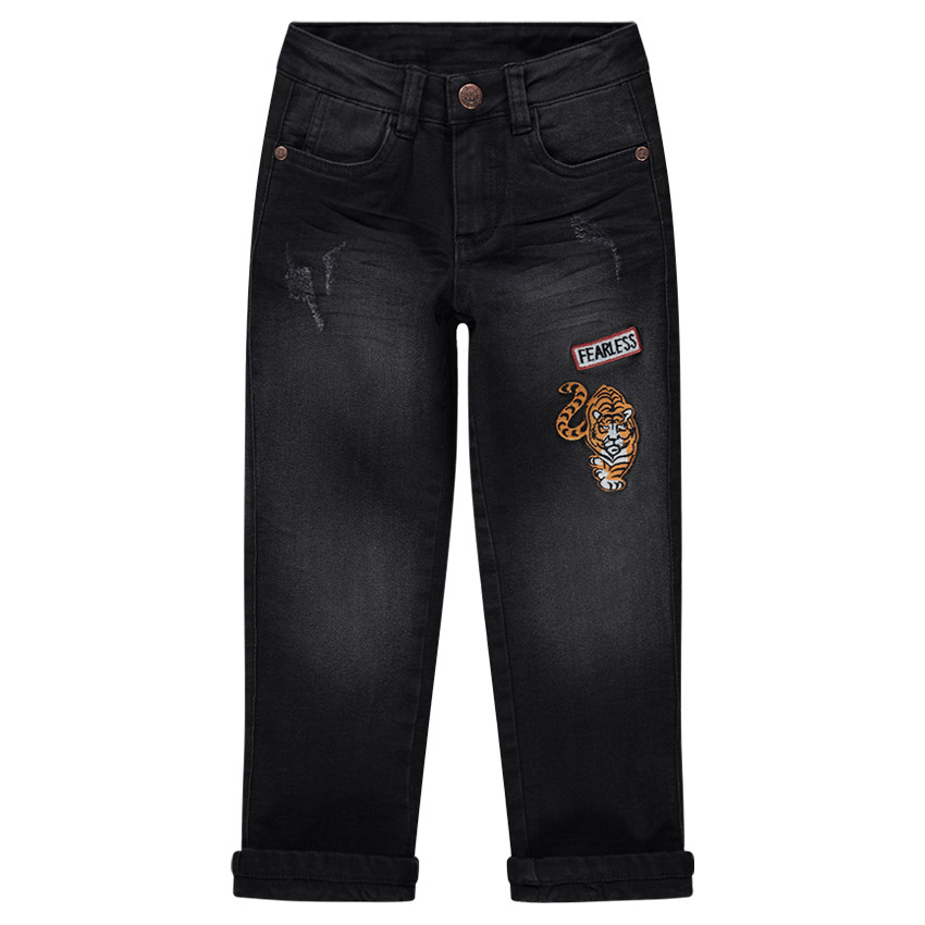 Jeans effet used et crinkle doublé jersey avec badge tigre 