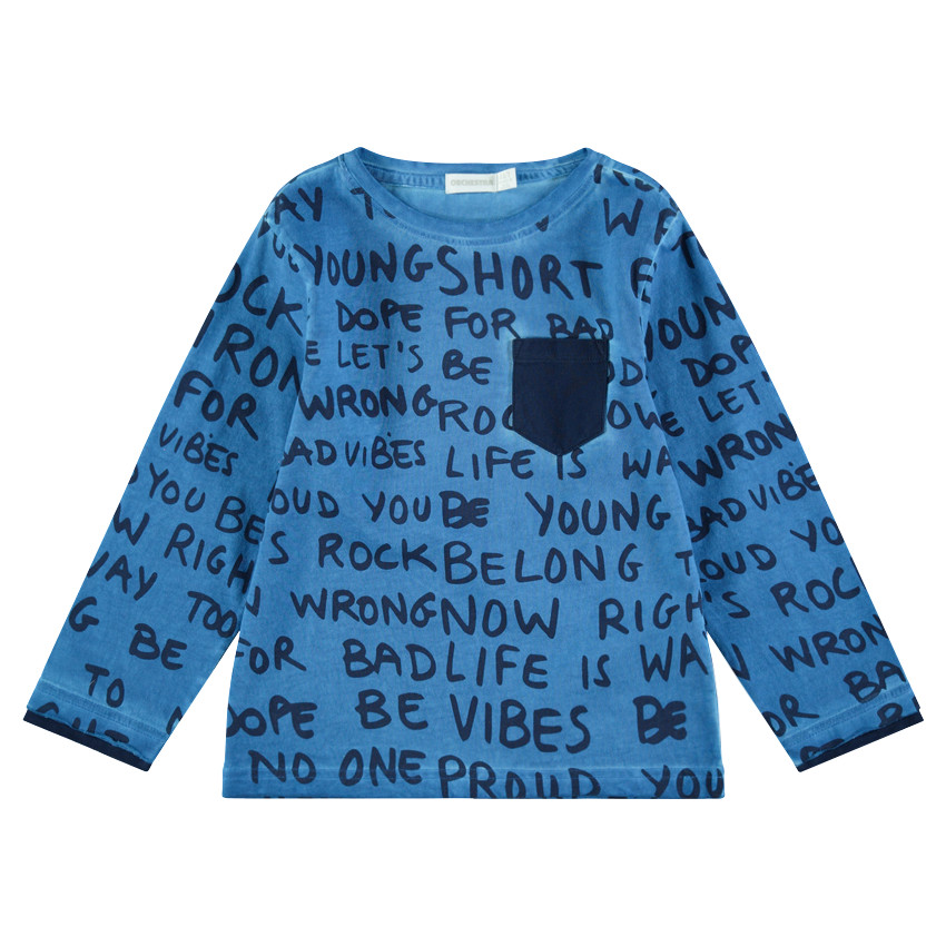 Tee-shirt manches longues en jersey avec inscriptions all-over et poche 