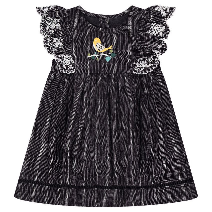 Robe à manches courtes volantées avec broderies et oiseau printé 