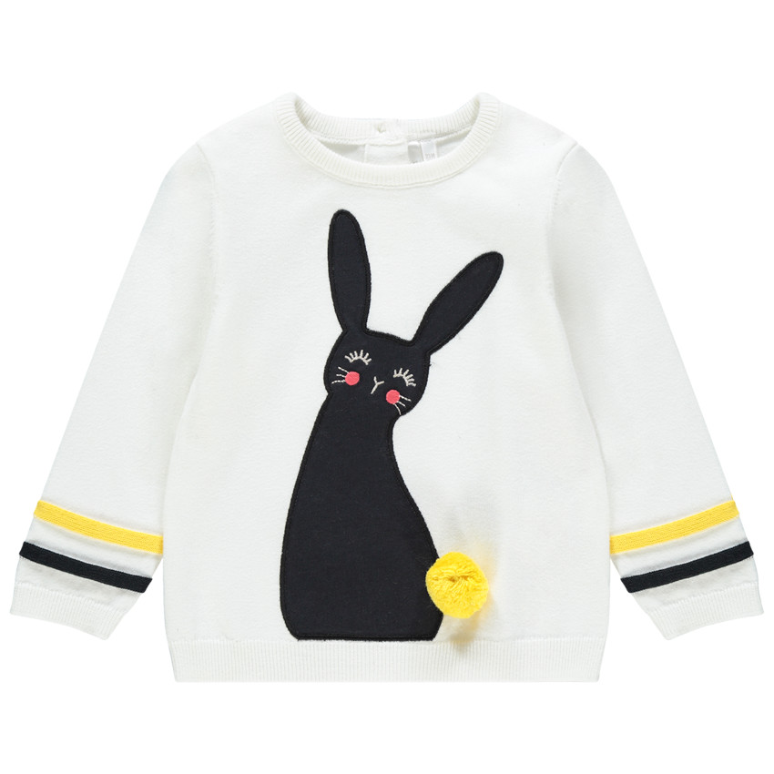 Pull en tricot avec lapin brodé et pompon  
