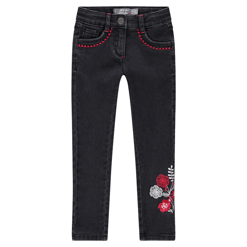 Jeans stretch coupe slim avec fleurs et frises brodées 
