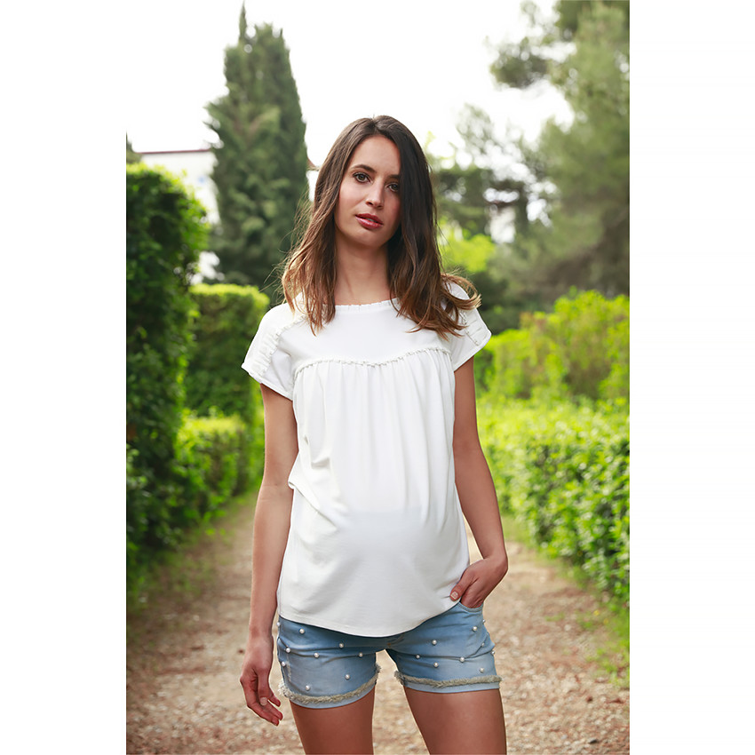 Tee-shirt manches courtes de grossesse avec fronces et jeu de plis 