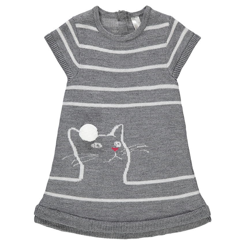 Robe manches courtes en tricot avec rayures et chat en jacquard  
