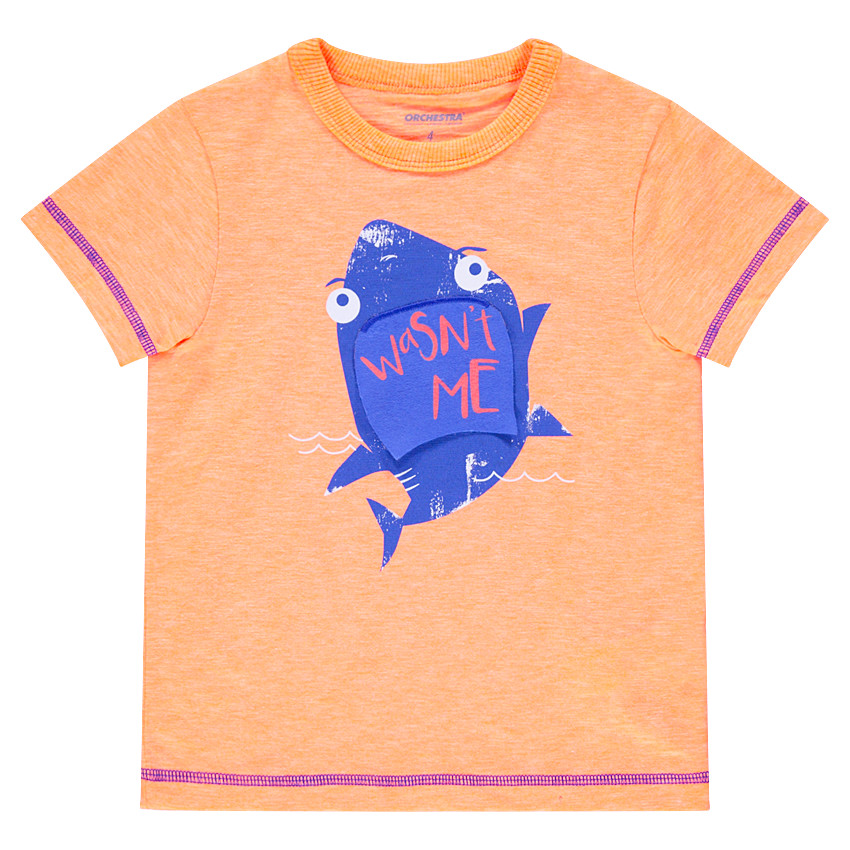 Tee-shirt manches courtes en jersey chiné avec requin printé et empiècement mobile 