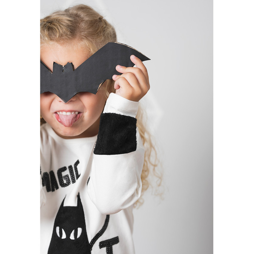 Tee-shirt manches longues avec sequins noirs et chat HALLOWEEN 