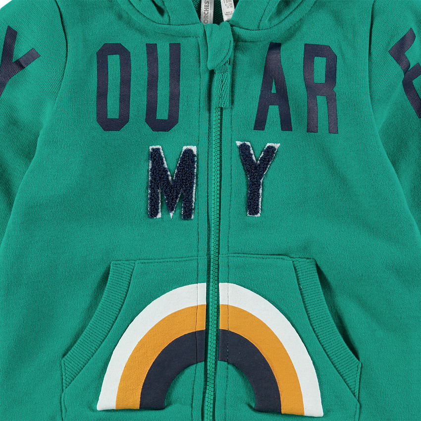 Gilet en molleton à capuche avec inscription en bouclette et arc-en-ciel printé 