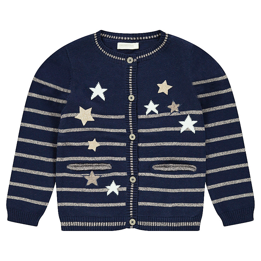 Gilet en tricot avec rayures dorées placées et étoiles pailletées 