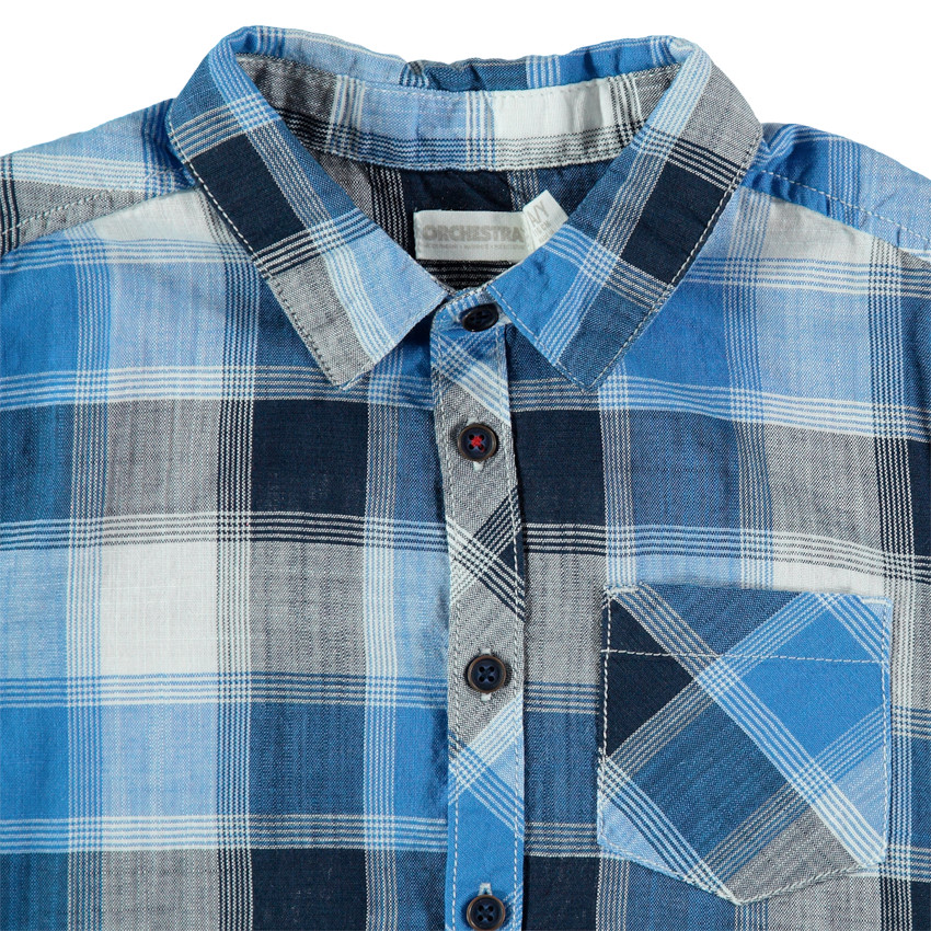Chemise manches courtes à carreaux contrastés avec poche 