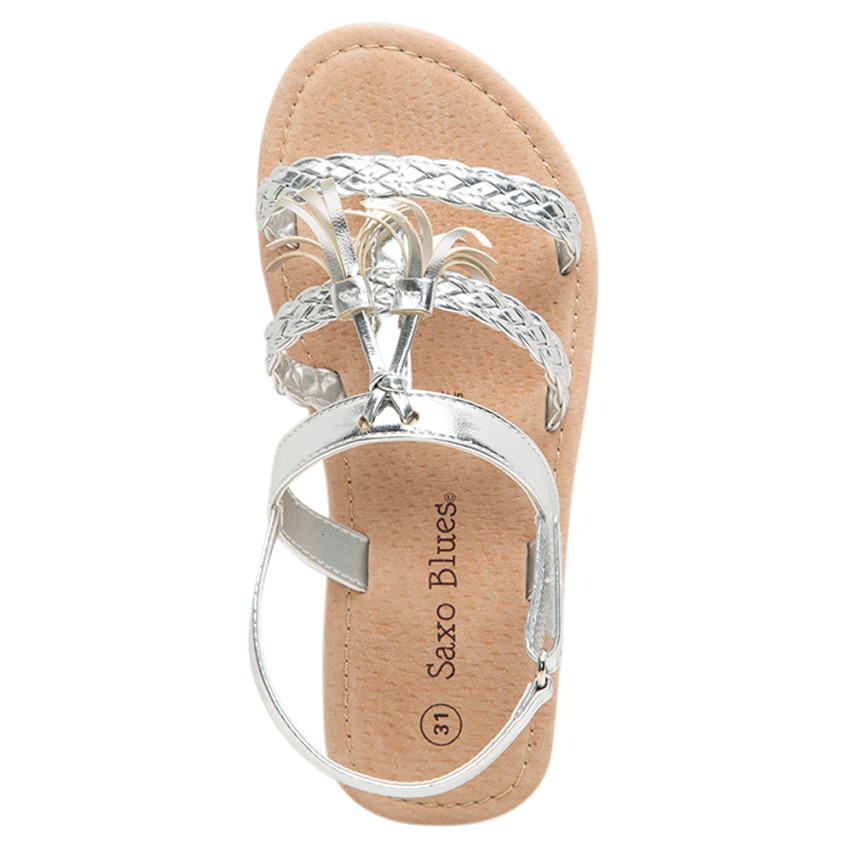 Nu-pieds argentés avec brides tressées et pompon 